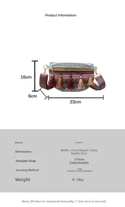 Detailed view of bohemian woven bag showing polyester material, tassels, and 23x16cm dimensions
