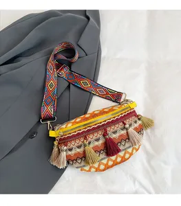 Detailed view of bohemian woven bag featuring colorful tassels and geometric wide strap