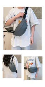 Three-way display of grey nylon waist bag showing chest, back, and waist carrying styles