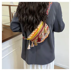 Detail view of woven crossbody bag with colorful tassels and ethnic bohemian patterns