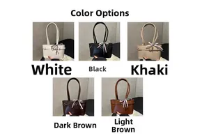 Detail view of large tote bags in five colors with decorative silk bow and buckle