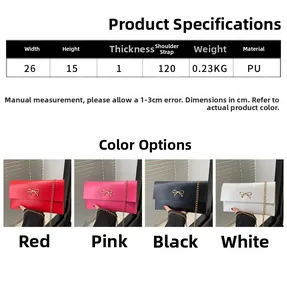 Detailed size specifications for a minimalist PU leather bow crossbody bag with four colors