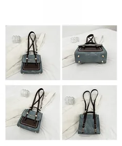 Quatre vues d'un sac à dos vintage bleu montrant le bas, le côté, l'avant et l'arrière du sac