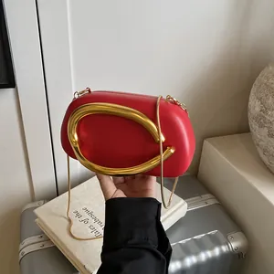 Women Vintage PU Leather Box Evening Bag With Large C-Shaped Metal Handle Fine Chain Strap Oval Banquet Clutch Purse
