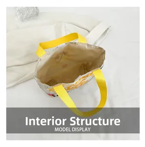 Internal structure of canvas tote bag with velcro closure and yellow handles