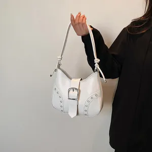 Women Faux Leather Hobo Shoulder Bag Retro Silver Buckle Eyelet Decor Knot Strap Underarm Bag Trendy Minimalist Handbag