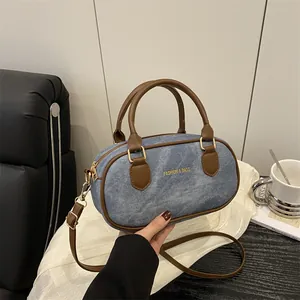 Vintage Denim Women Bowling Bag PU Leather Patchwork Handbag Retro Crossbody Shoulder Bag Casual Top Handle Boston Bag