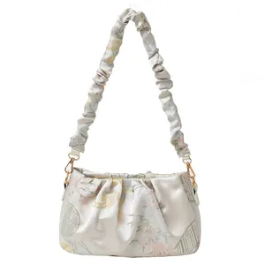 Elegante Beuteltasche mit Blumenstickerei, Plissee-Design und Schulterriemen