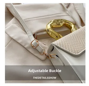 Detail of adjustable shoulder strap buckle on beige textured handbag with gold hardware