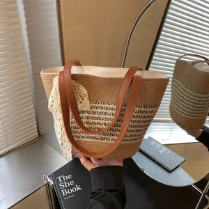 Women Straw Woven Tote Bag Summer Beach Vacation Large Capacity Shoulder Bag With PU Leather Straps And Lace Bow Detail