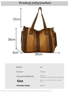 Detailed size chart for striped canvas tote bag showing dimensions and weight metrics