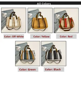 Detailed color options of striped canvas tote bags in off-white, yellow, red, green and black
