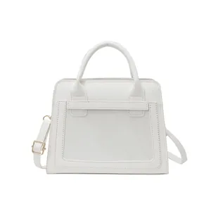 Minimalist white PU leather tote bag with transparent front pocket and thin strap