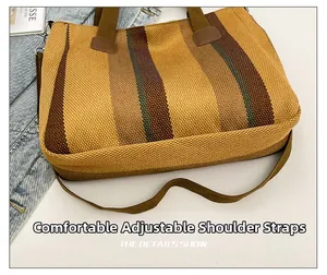 Close-up of a striped canvas tote bag showing the adjustable shoulder strap and texture