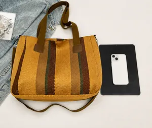 Detail of striped canvas tote bag showing woven texture, long strap and large capacity