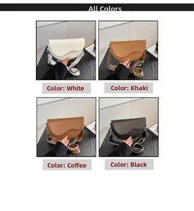 Saddle bag in four colors: white, khaki, brown, and black with wide fabric shoulder straps