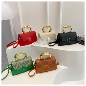 Detailed view of structured mini crossbody bags with acrylic handles and gold locks