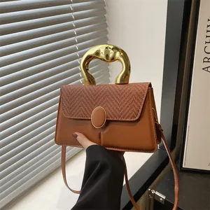 Fashion Women Synthetic Leather Woven Flap Crossbody Bag With Artistic Metal Handle Small Square Handbag For Daily Commuting