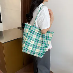 Large plaid tote bag in green, purple, and beige pattern for summer fashion
