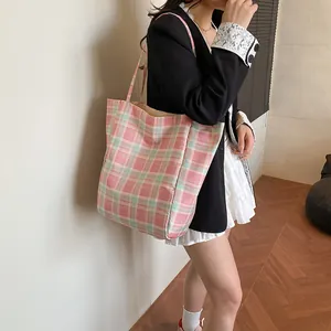 Minimalist large plaid canvas tote bag in pink and green for women daily use
