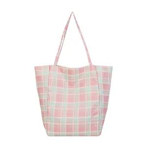 Pink and light blue checkered large capacity tote bag with minimalist shoulder straps