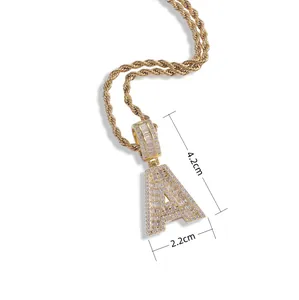 Macro view of iced out letter A pendant in 18K gold plating with 4.2cm height detail