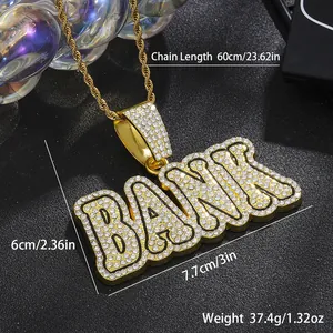 Macro detail of iced-out BANK pendant with 60cm gold chain and precise measurements