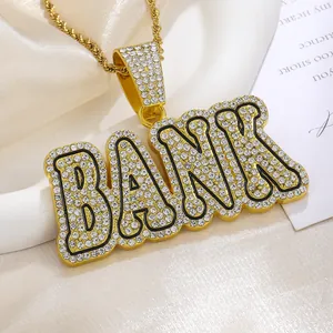 Hip hop gold plated BANK letter pendant necklace with sparkling zircons and rope chain