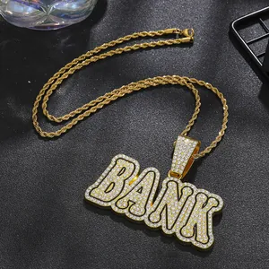 Iced out BANK letter pendant necklace with gold rope chain for hip hop street style