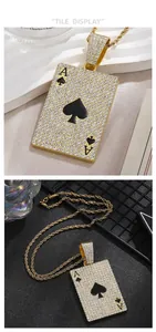 Macro display of iced-out Ace of Spades poker pendant with cubic zirconia and gold twist chain