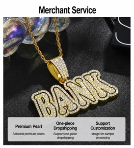 Detailed view of hip hop BANK pendant with iced out rhinestones and golden rope chain