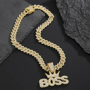 Herren Hip Hop Iced Out Boss Krone Buchstaben Anhänger Halskette Streetwear Gold Silber Legierung Panzerkette Kordelkette Schmuck
