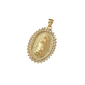 Vergoldeter Maria Oval-Anhänger mit funkelndem Zirkonia-Besatz und feiner Gravur
