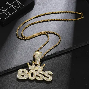 Hiphop Gold BOSS Krone Buchstabe Anhänger Halskette mit Kristallen auf Panzerkette