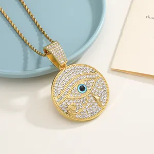 Hip hop style gold Eye of Horus round pendant necklace with iced out crystals and rope chain
