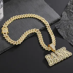 Iced out gold plated BANK letter pendant necklace with sparkling Cuban link chain