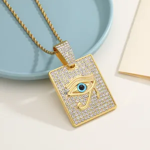 Collier hip hop doré avec pendentif carré Œil d'Horus et pierres sur chaîne corde