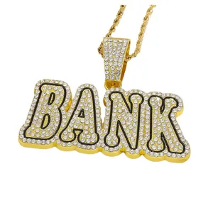 Hip-hop BANK letter pendant necklace with iced out crystals and gold rope chain