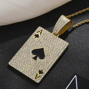 Close-up of hip-hop Ace of Spades pendant with iced-out crystals on golden rope chain