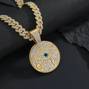 Hip hop gold Cuban chain necklace with iced out Eye of Horus medallion pendant