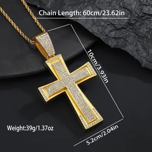 Detailed size specifications for gold iced out cross pendant with cubic zirconia stones