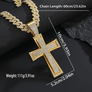 Macro shot of hip hop cross pendant with size specs 10x5.2cm and 60cm Cuban chain