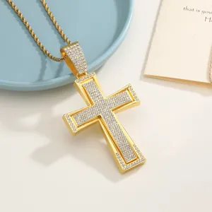 Hip hop gold plated iced out cross pendant with sparkling crystals on a rope chain
