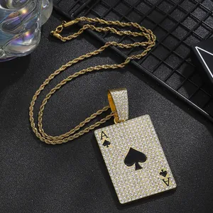 Hip hop gold plated twist chain with ice out Ace of Spades poker card pendant for men