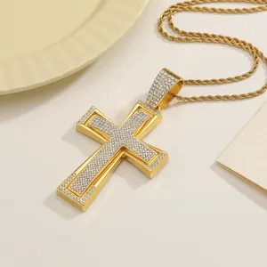 Iced out gold cross pendant necklace with rope chain for hip-hop street style jewelry