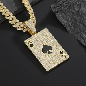 Iced out gold Ace of Spades poker pendant necklace with sparkling Cuban link chain