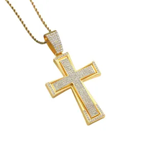 Hip hop gold cross pendant necklace with iced out crystals and twisted rope chain