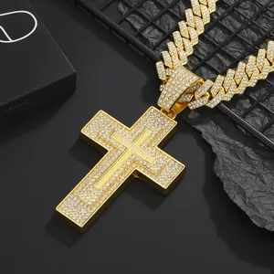 Hip-Hop-Halskette mit goldener Kreuz-Anhänger und Iced-Out-Panzerkette für Herren