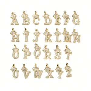 Hip hop crown initial pendants in gold finish with sparkling pavé cubic zirconia