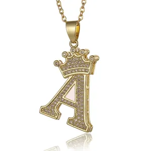 Hip hop crown initial letter A pendant necklace with gold plating and cubic zirconia
